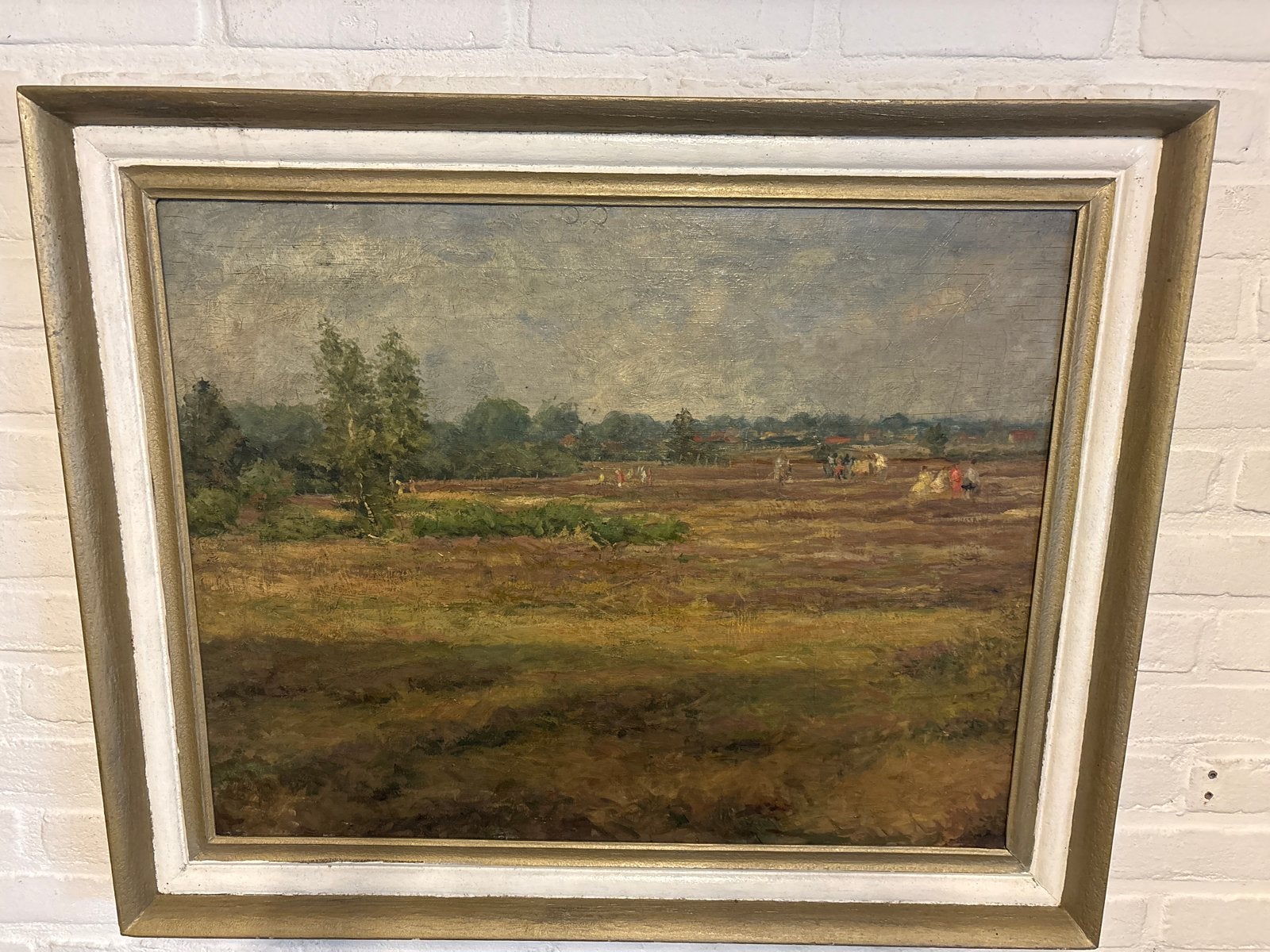 Heidelandschap met figuren - Olieverf op doek (78x64 cm), Antiek en Kunst, Doek, Ophalen of Verzenden, Landschap, Olieverf