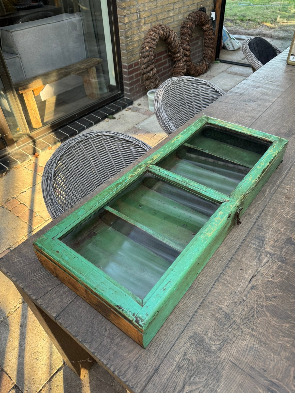 Vintage Groen Medicijnkastje / Hangkastje met Glas, Ophalen, Glas, Gebruikt