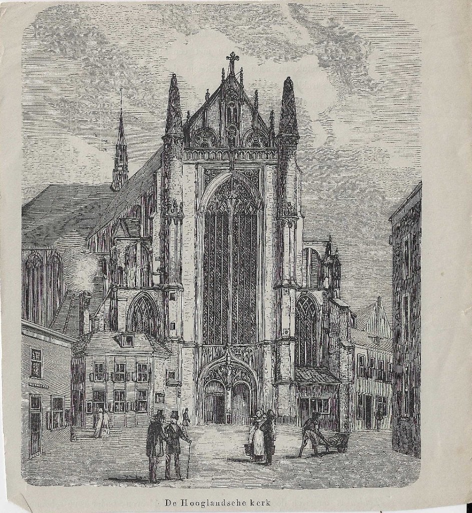 Leiden De Hooglandsche Kerk Houtgravure 1857, Antiek en Kunst, 18 cm, 1800 - 1899, Stadsgezicht, Ophalen of Verzenden