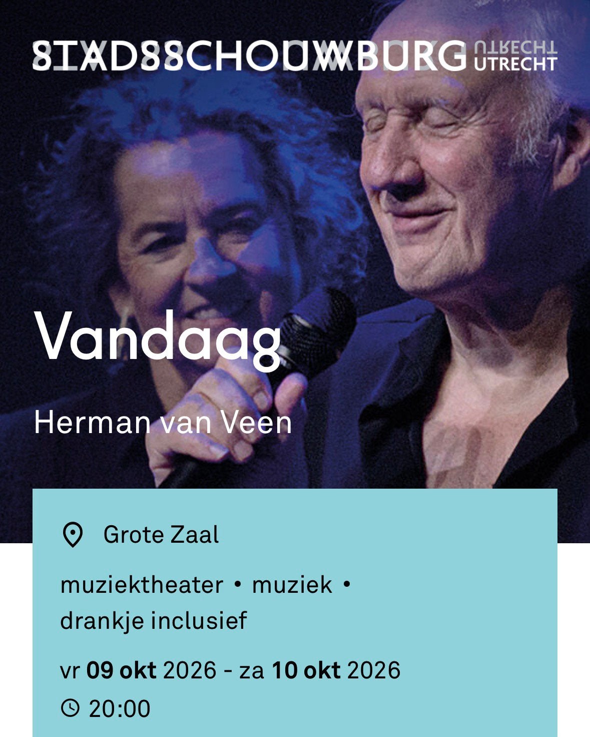 2 kaarten voor Herman van Veen - Utrecht 9 okt 2026, Tickets en Kaartjes, Twee personen, Oktober