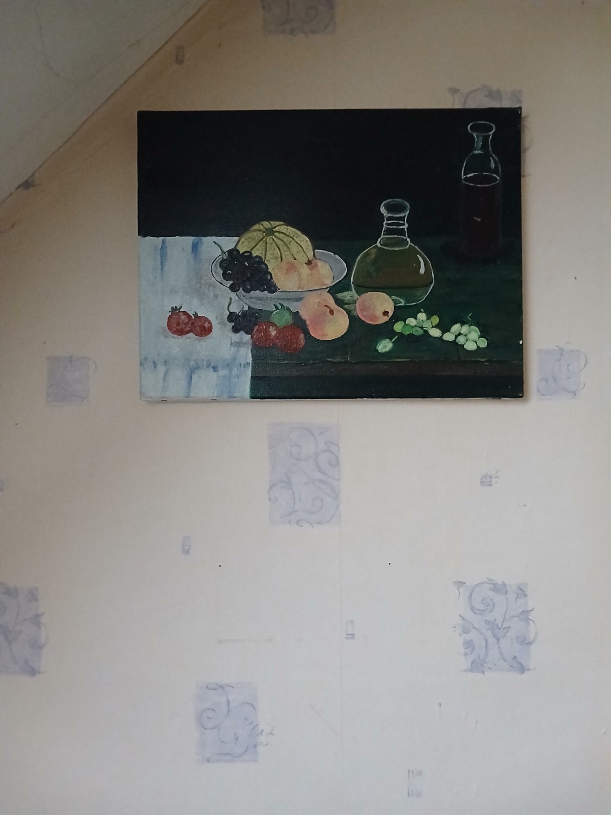 Stilleven fruit en flessen Klassiek breedte 40 cm lengte 30, Antiek en Kunst, Doek, Stilleven, Ophalen of Verzenden, Olieverf