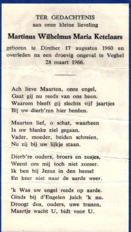 Ketelaars Martinus W.M. Dinther 1960-1966 Veghel, Verzamelen, Bidprentjes en Rouwkaarten, Ophalen of Verzenden