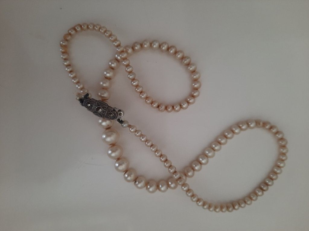 Antieke Parelketting met Zilveren Sluiting en Toermalijn, Ophalen of Verzenden, Zilver, Ketting, Met edelsteen