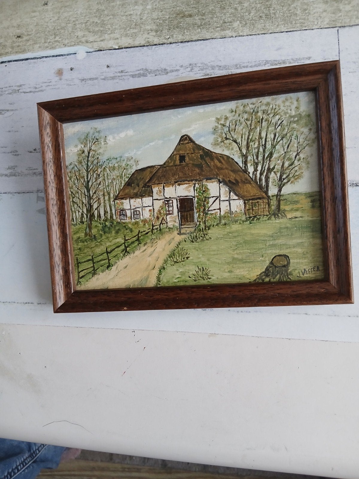 Schilderijtje : Oud huis met rieten dak en bomen, Antiek en Kunst, Ophalen of Verzenden, Klassiek, Aquarel, Gesigneerd