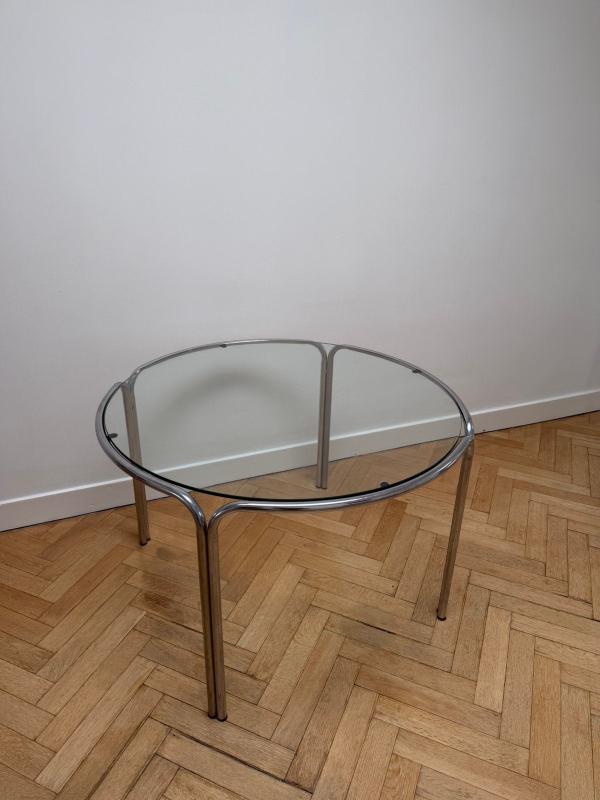Vintage chrome & glazen eettafel, Ophalen, 100 tot 150 cm, Rond, 70s, vintage, space age, modern