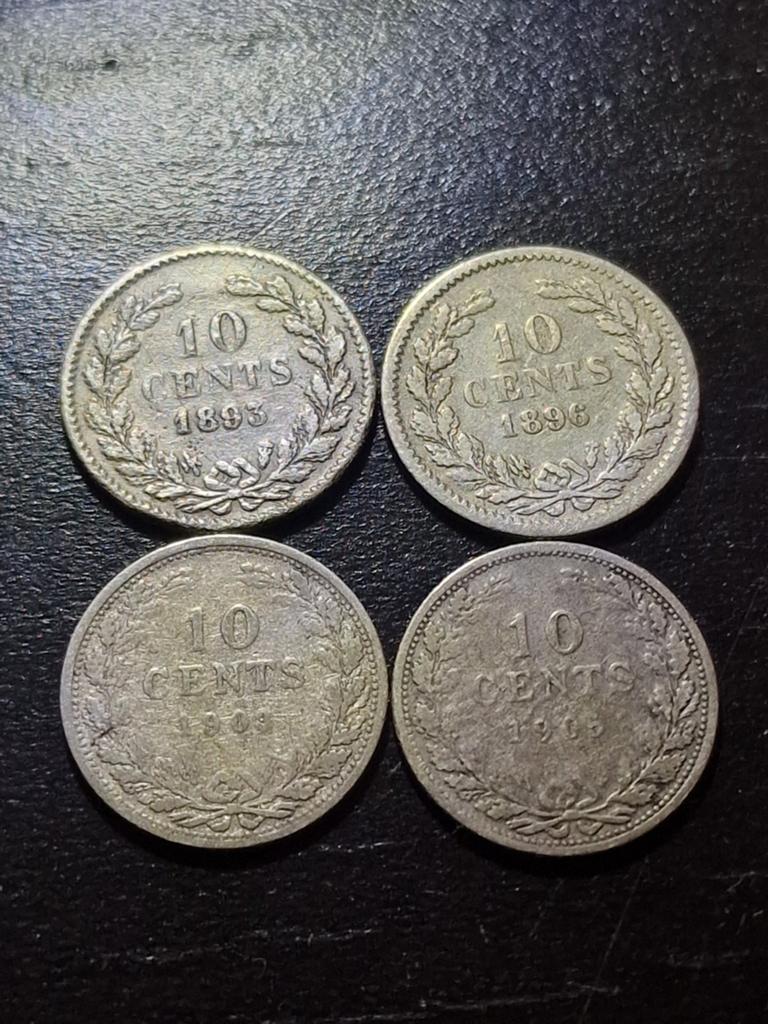 Zilveren 10 cent 1893, 1896, 1903, 1905, Ophalen of Verzenden, Koningin Wilhelmina, 10 cent, Zilver