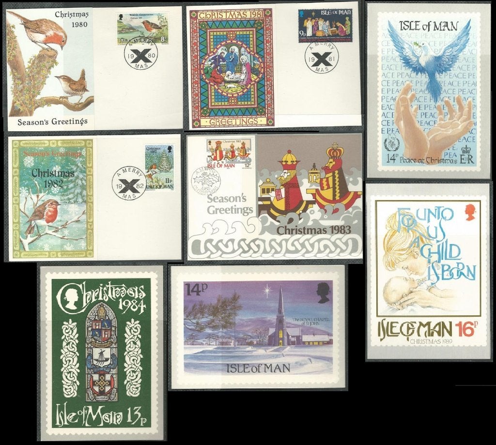 MAN 1980-1989 11x Kerstkaarten met en zonder Kerstzegels, Postzegels en Munten, Postzegels | Europa | UK, Verzenden