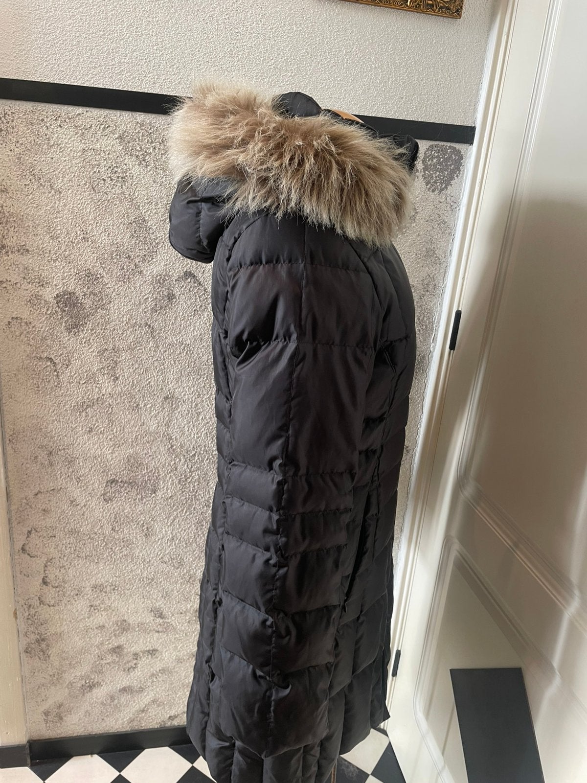 Ralph Lauren Polo Jeans zwarte gewatteerde lange jas fake fr, Ophalen of Verzenden, Gedragen, Maat 36 (S), Zwart