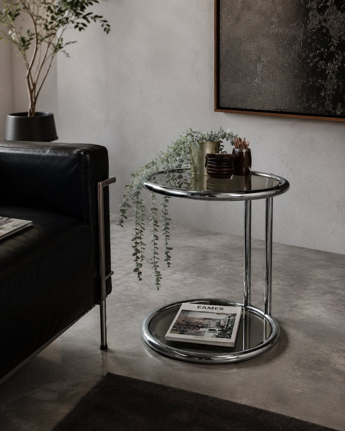 Vintage bijzettafel Bauhaus Tafeltje in stijl Eileen Gray, Minder dan 55 cm, Gebruikt, Glas, Nb