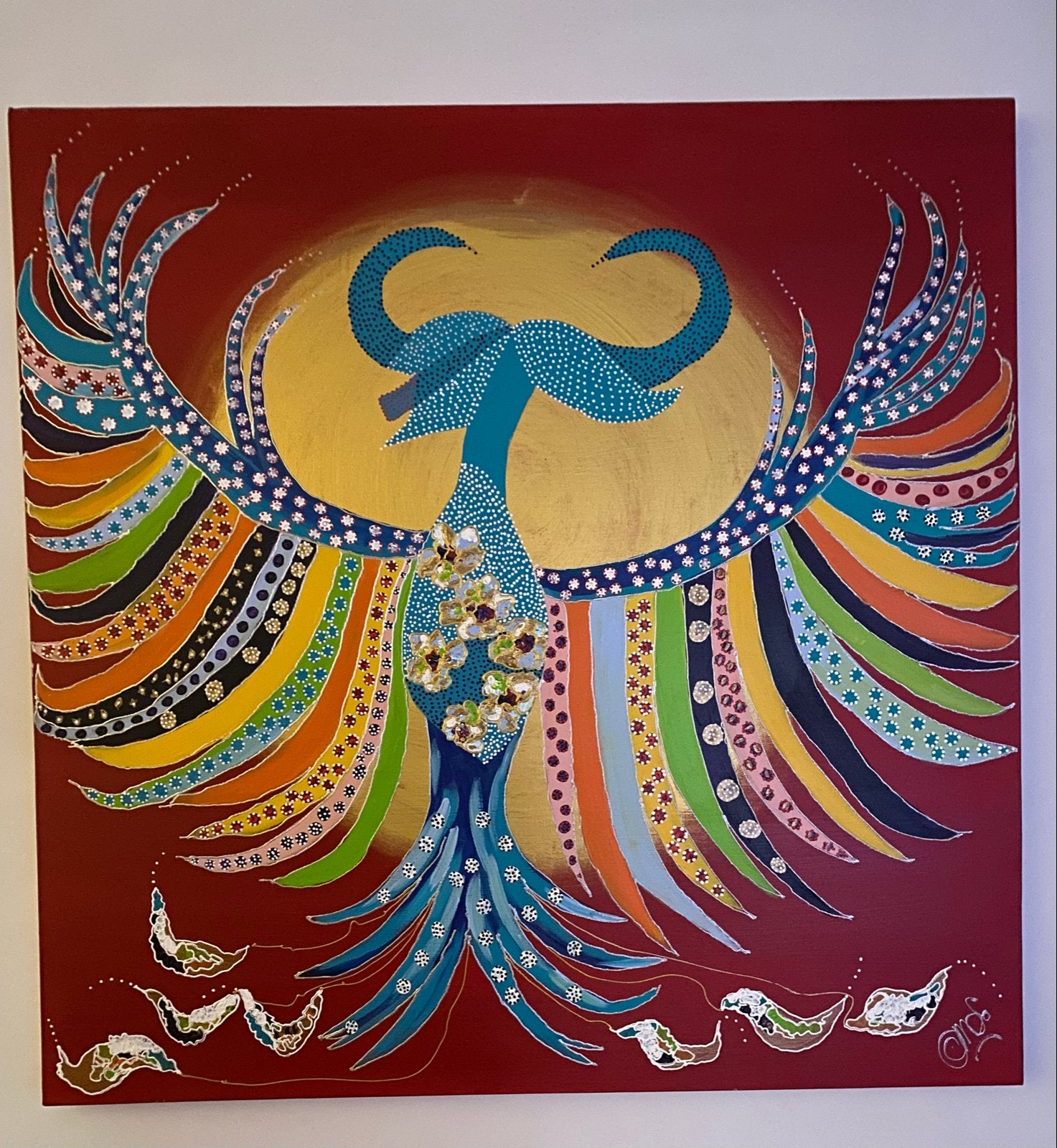 Kleurrijk schilderij van een mythische vogel, Ophalen, Acrylverf, Overig onderwerp, Handgeschilderd