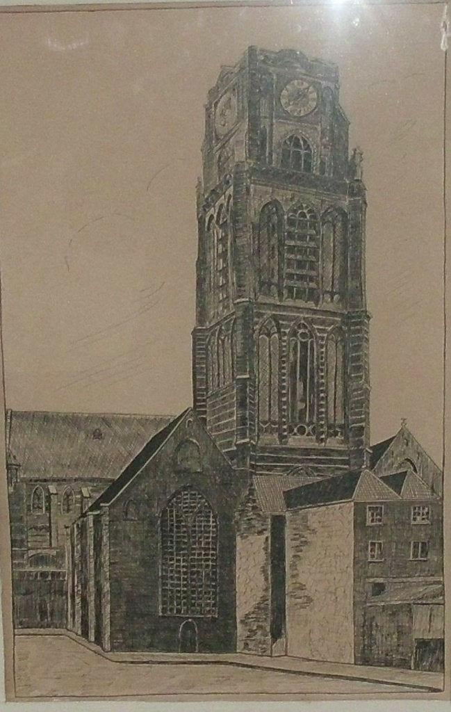 Laurenkerk  in Rotterdam ., Antiek en Kunst, Ophalen of Verzenden, Tekening, Potloodtekening, Met ophangsysteem