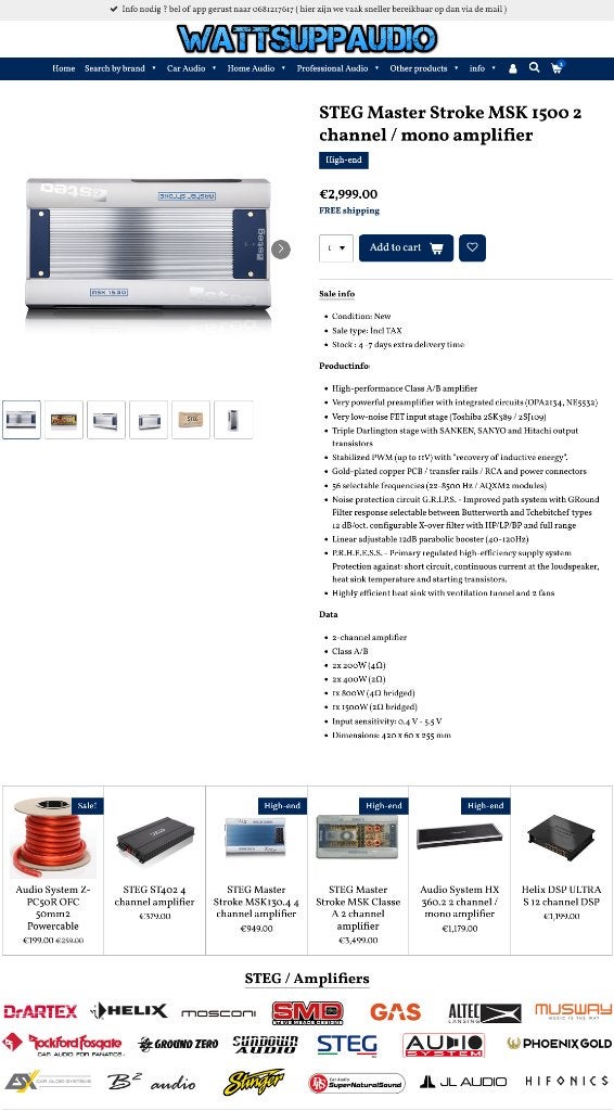 STEG Master Stroke MSK 1500 2 kanaals versterker Hi-end, Hifi-Focus, Aalsmeerderweg 173 1432 CL, Aalsmeer, Nieuw, Ophalen of Verzenden
