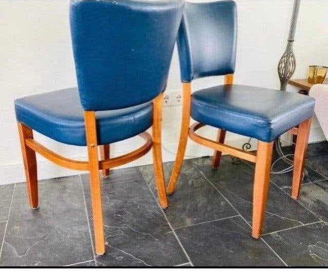 Set van 2 Vintage Sateliet Stoelen - Blauw Leer en Hout, Gebruikt, Twee, Blauw, Ophalen of Verzenden