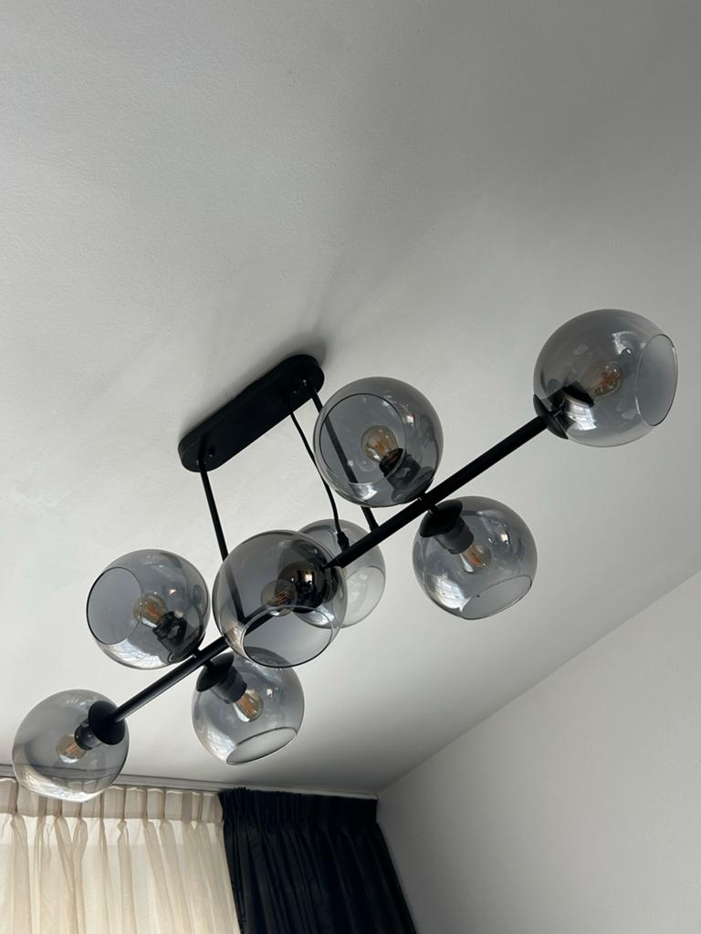 Moderne plafondlamp met 8 rookglazen bollen, 2 stuks, Ophalen, Zo goed als nieuw, Glas