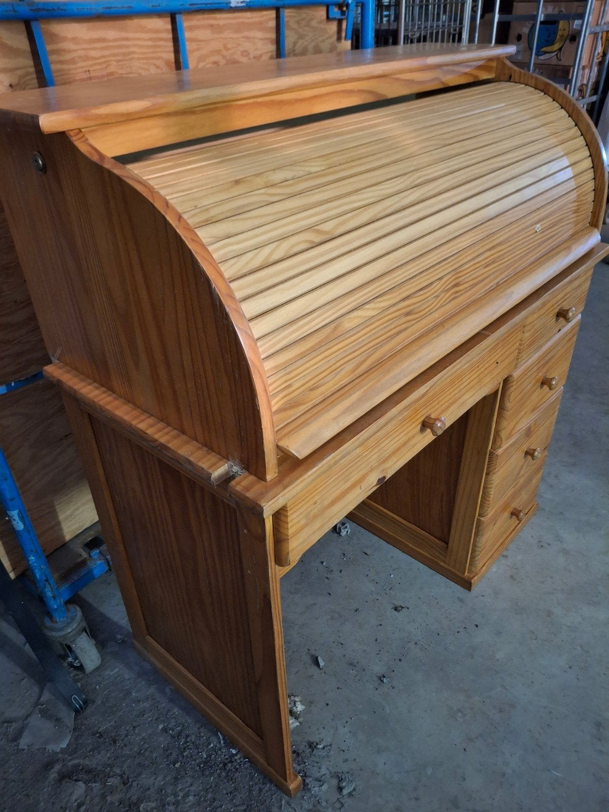 Vintage houten rolluikbureau met lades, Huis en Inrichting, Ophalen, Gebruikt, Klassiek, Vintage, Rustiek