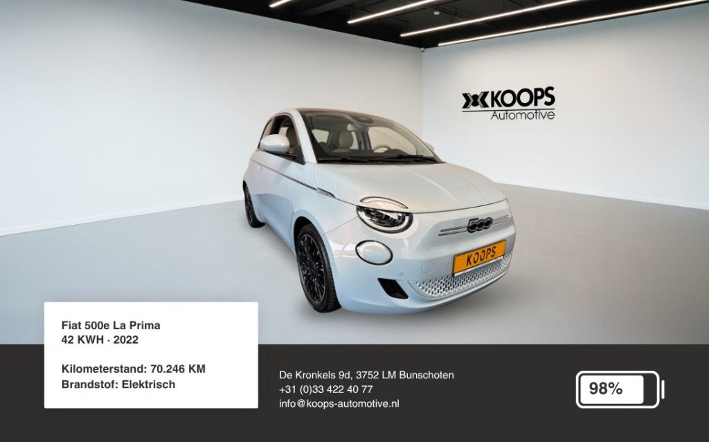 Fiat 500e La Prima 42 kWh SOH 98% | Camera | Ad. cruise cont, Automaat, 0 cilinders, Gebruikt, 118 pk