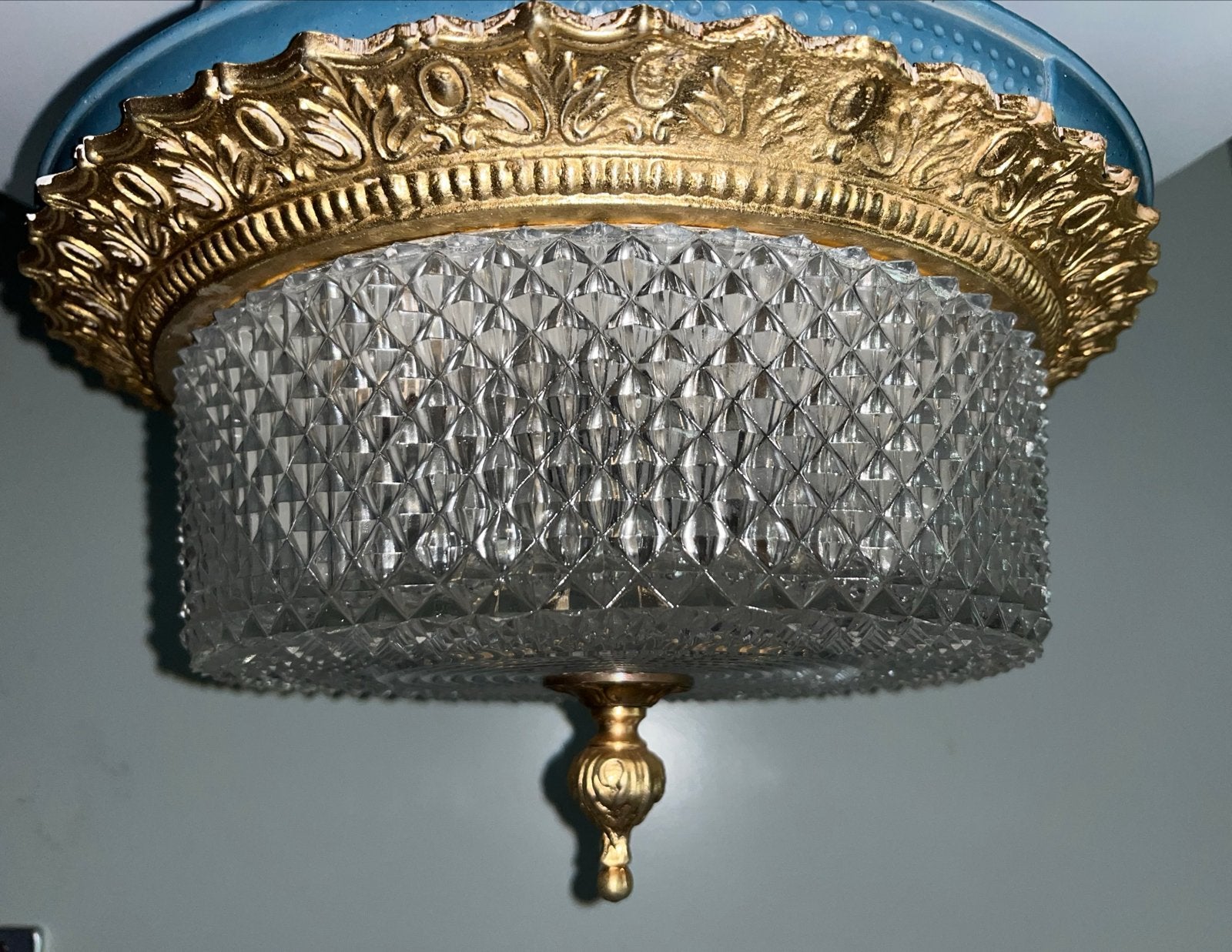 Vintage Plafondlamp met Kristalglas en Gouden Details, Ophalen of Verzenden