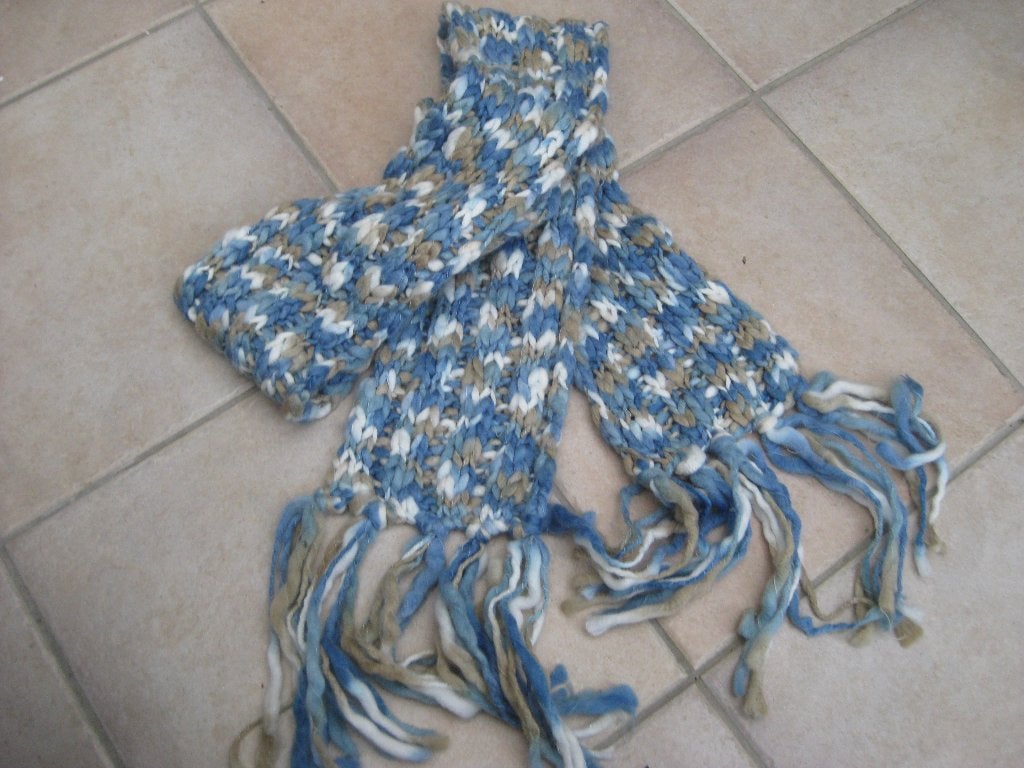 sjaal blauw-wit-taupe, Ophalen of Verzenden, Zo goed als nieuw, Maat 46/48 (XL) of groter, Sjaal