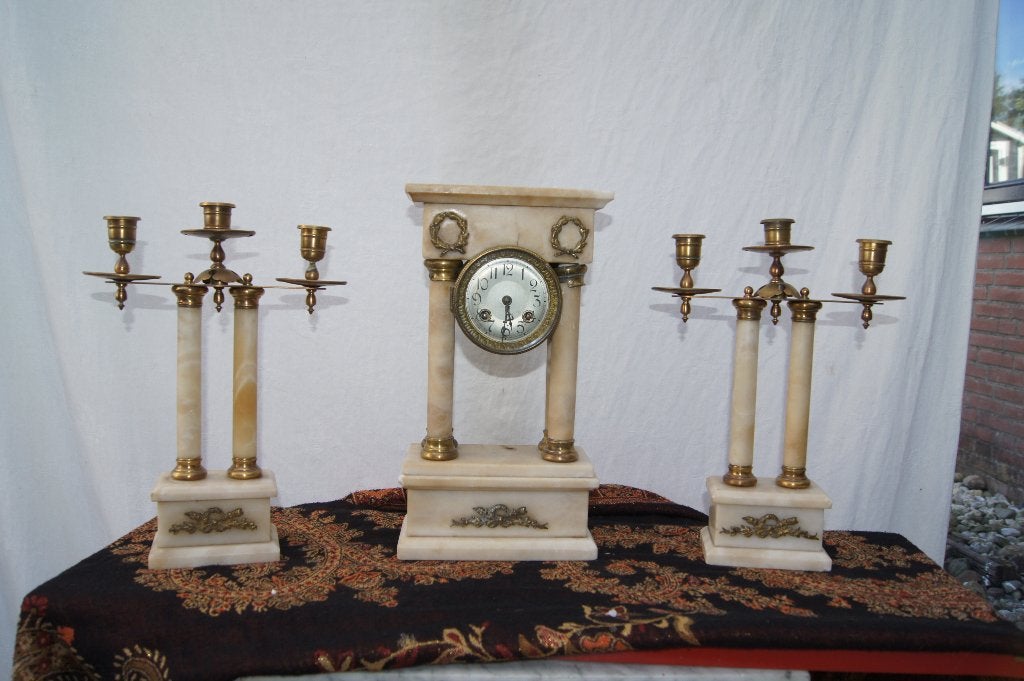 Pendule met 2 kandelaren  marmer / Brons, Antiek en Kunst, Ophalen of Verzenden