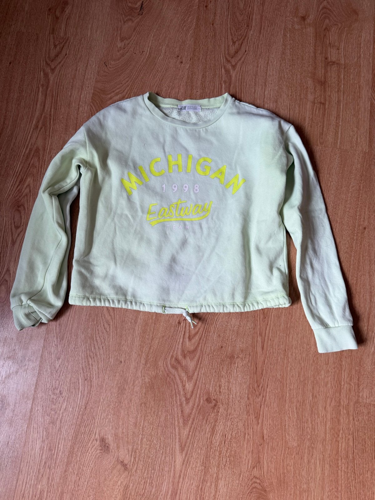 H&M Trui Maat 134 Lichtgroen met 'Michigan' opdruk, Verzenden, Gebruikt, Jongen of Meisje, Trui of Vest