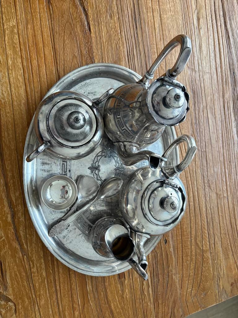 Antiek verzilverd theeservies met dienblad, Antiek en Kunst, Antiek | Goud en Zilver, Ophalen of Verzenden, Zilver