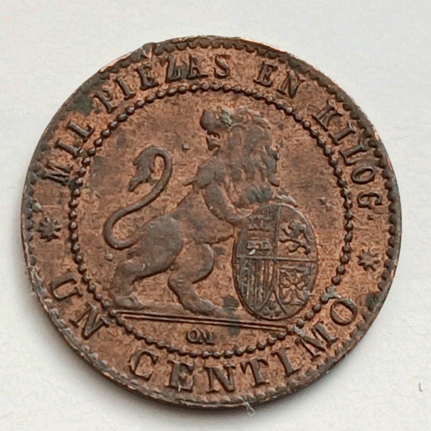 1 Centimo 1870 Spanje Prachtige Oude Antieke Munt Un Gramo, Ophalen of Verzenden, Overige landen