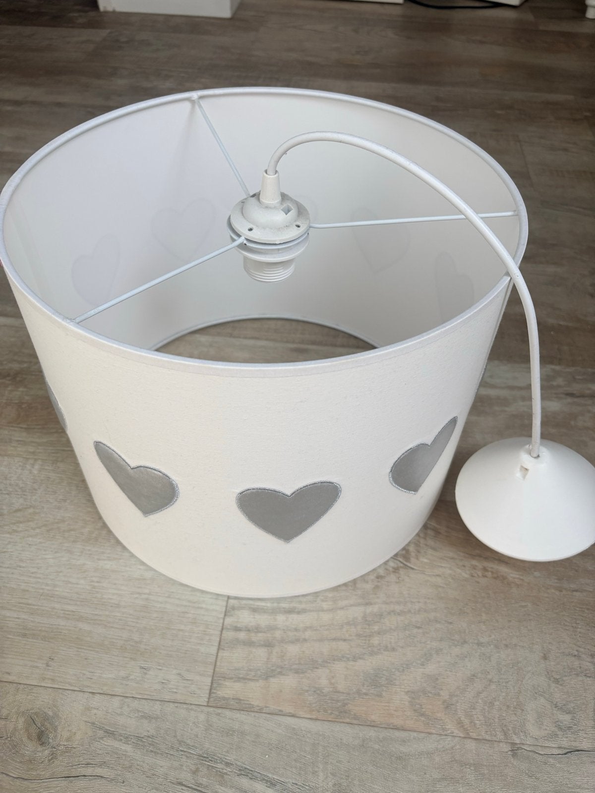 Taftan hanglamp wit met zilveren hartjes, Ophalen, Gebruikt, Textiel, E27 (groot)