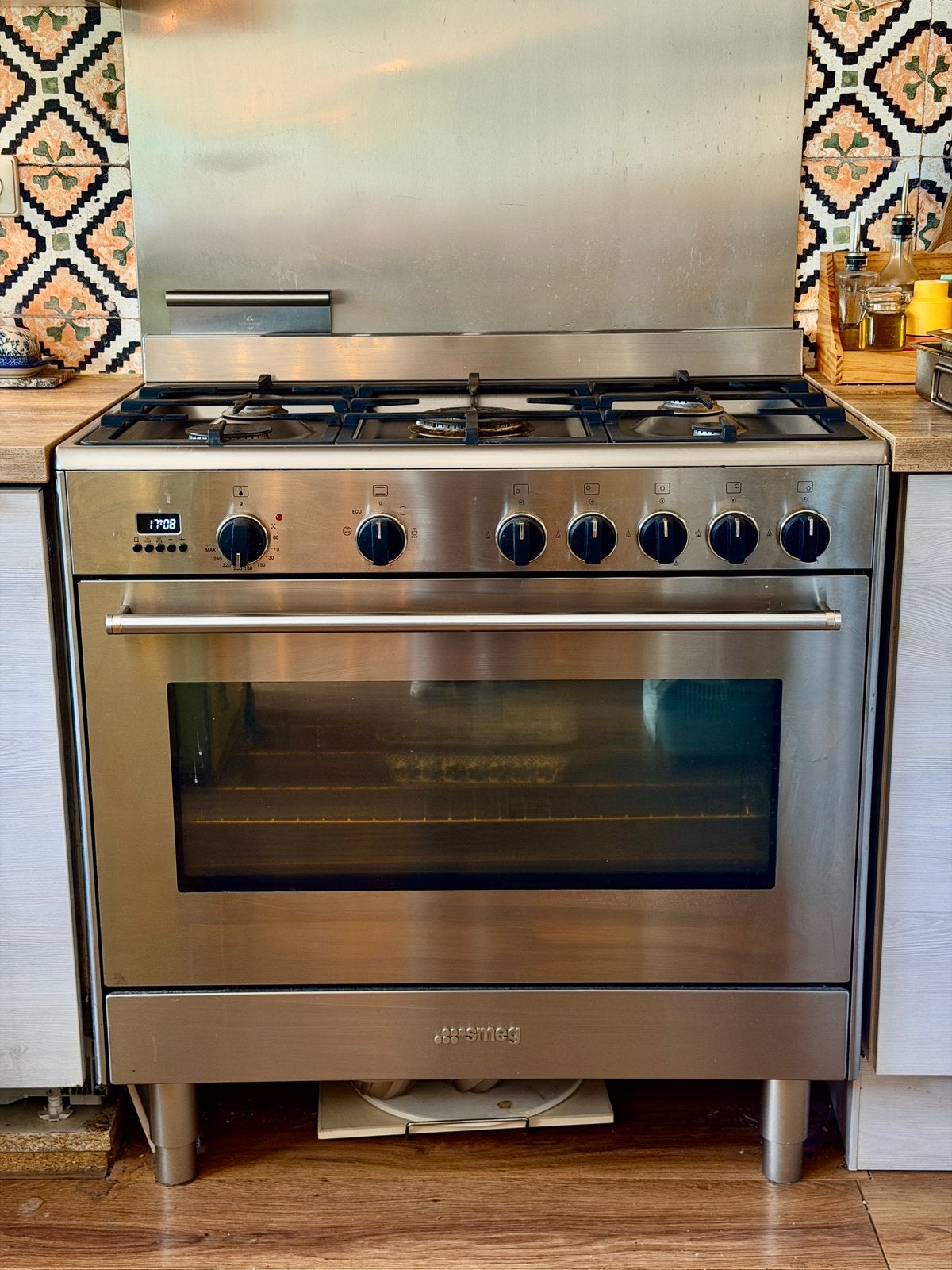 Smeg 5-pits gasfornuis met oven en Candy afzuigkap, Witgoed en Apparatuur, Fornuizen, Ophalen, Gebruikt, Hete lucht, 60 cm of meer