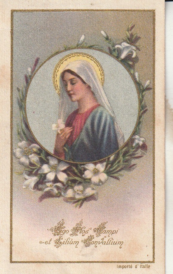 Antieke bidprent Maria met aureool en bloemen, Italië, Ophalen of Verzenden, Gebruikt, Kaart of Prent, Christendom | Katholiek