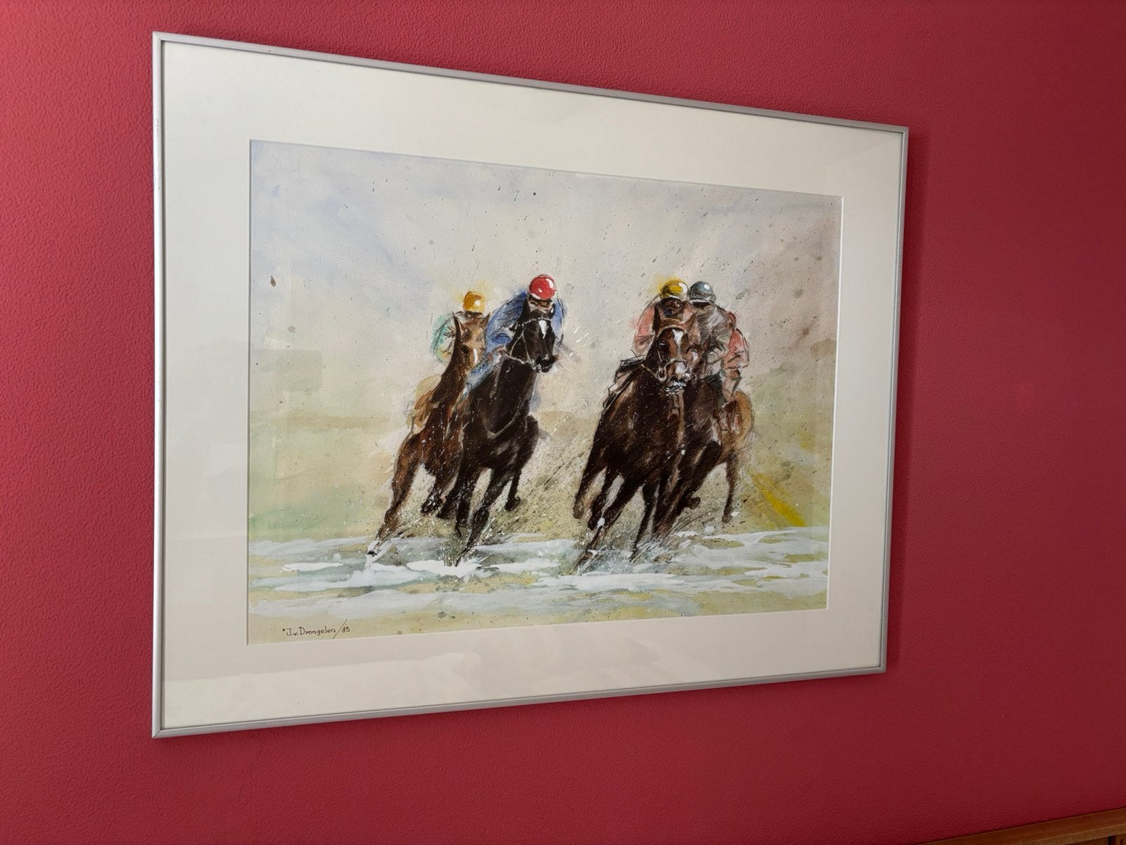 Schilderij ingelijst J. v. Drongelen ('85) paardenrace, Ophalen, 50 – 75, Oorspronkelijke maker, Zo goed als nieuw