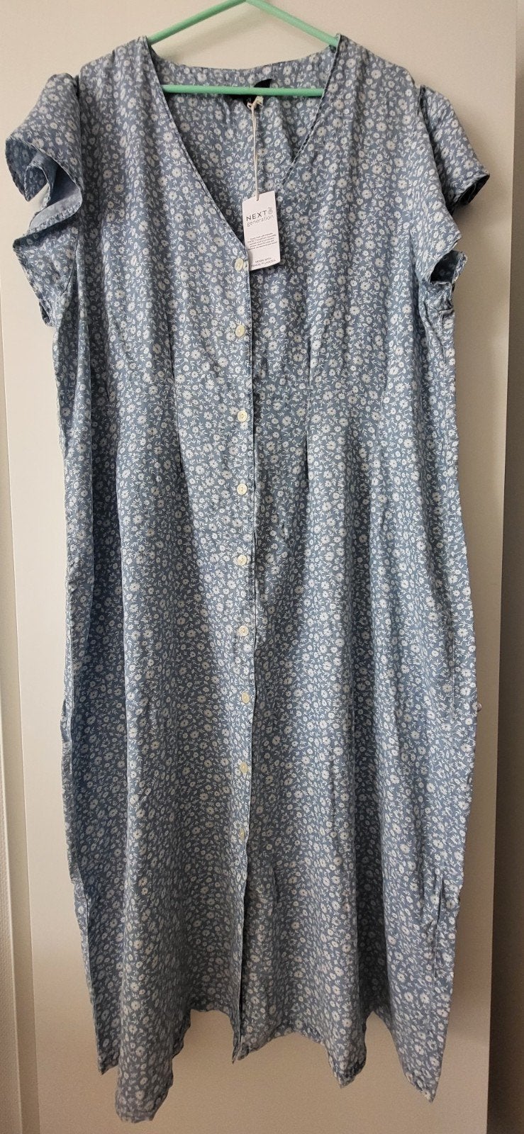 NEXT Jurk met bloemenprint Tencel Lyocell Maat 52, Blauw, Maat 46/48 (XL) of groter, Nieuw, Ophalen of Verzenden