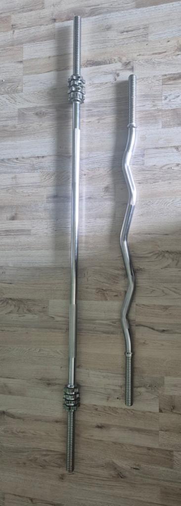Halterstangen set: rechte en EZ curl stang, Ophalen, Zo goed als nieuw, Rug, Halterstangen