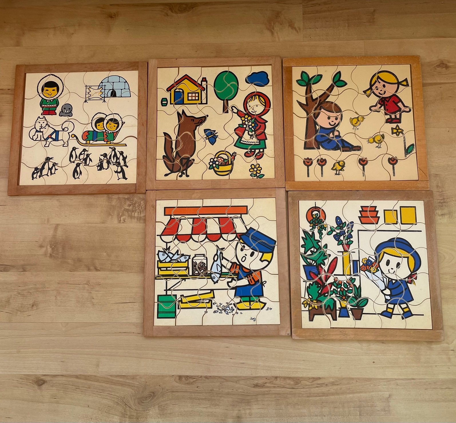 5 Complete Vintage Houten Rolf Schoolpuzzels (Thema), Ophalen of Verzenden, 10 tot 50 stukjes, Gebruikt, 4 tot 6 jaar