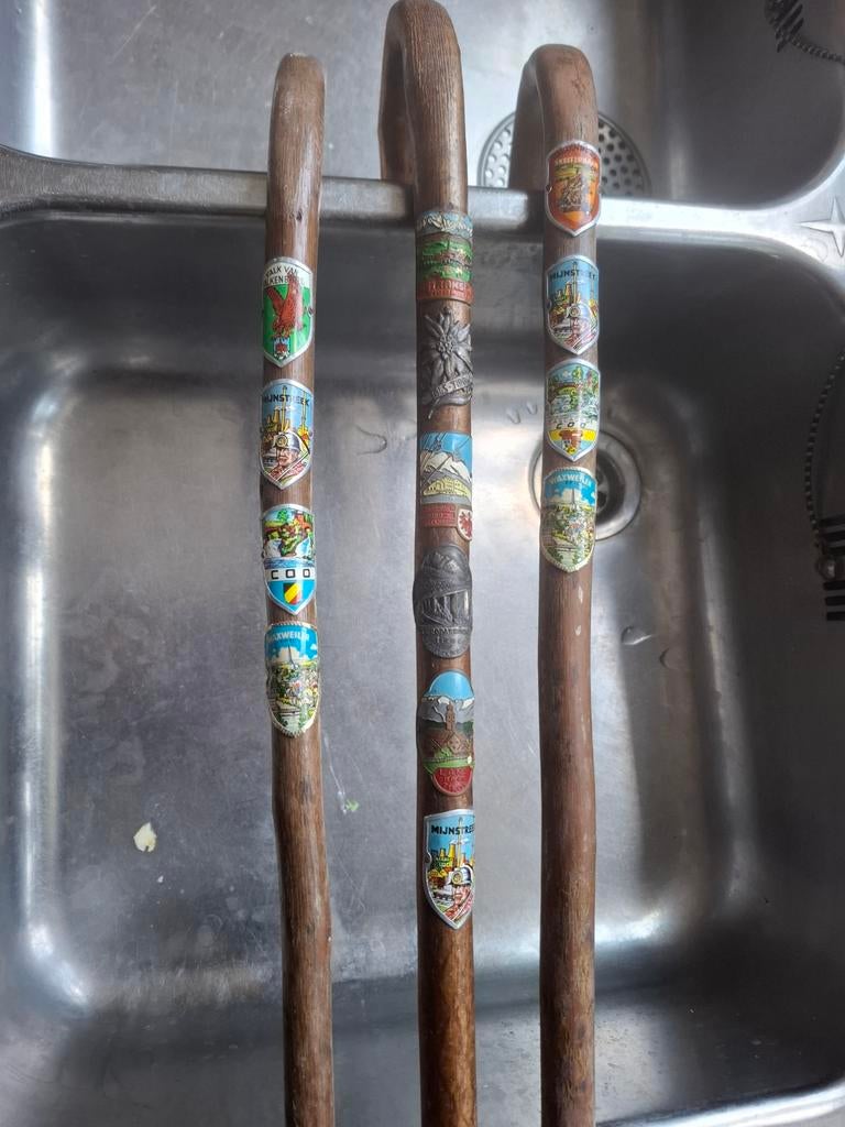 3 Vintage wandelstokken met stocknagels, Ophalen of Verzenden