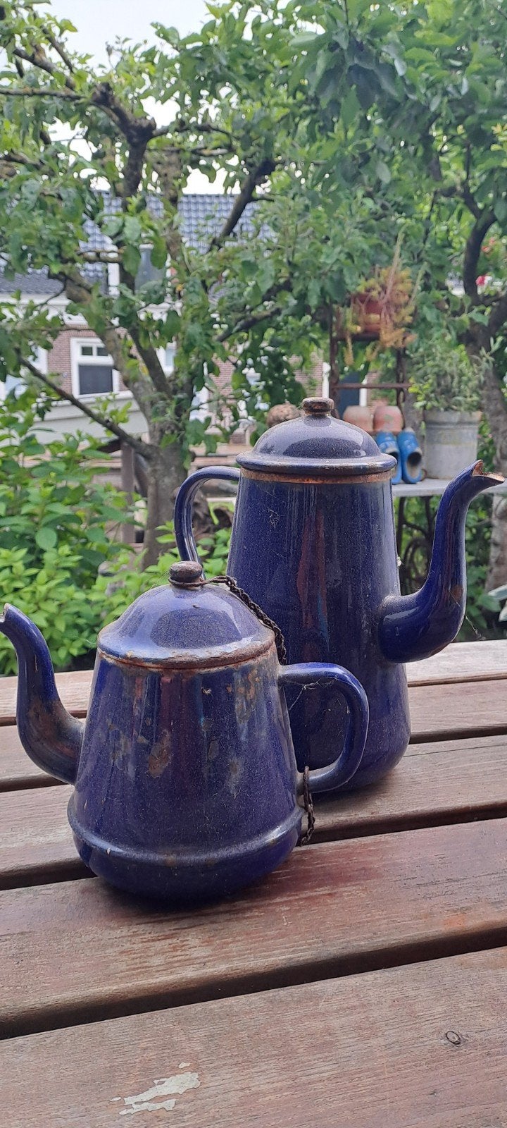 Brocante emaille theekan en koffiekan - blauw, Ophalen of Verzenden