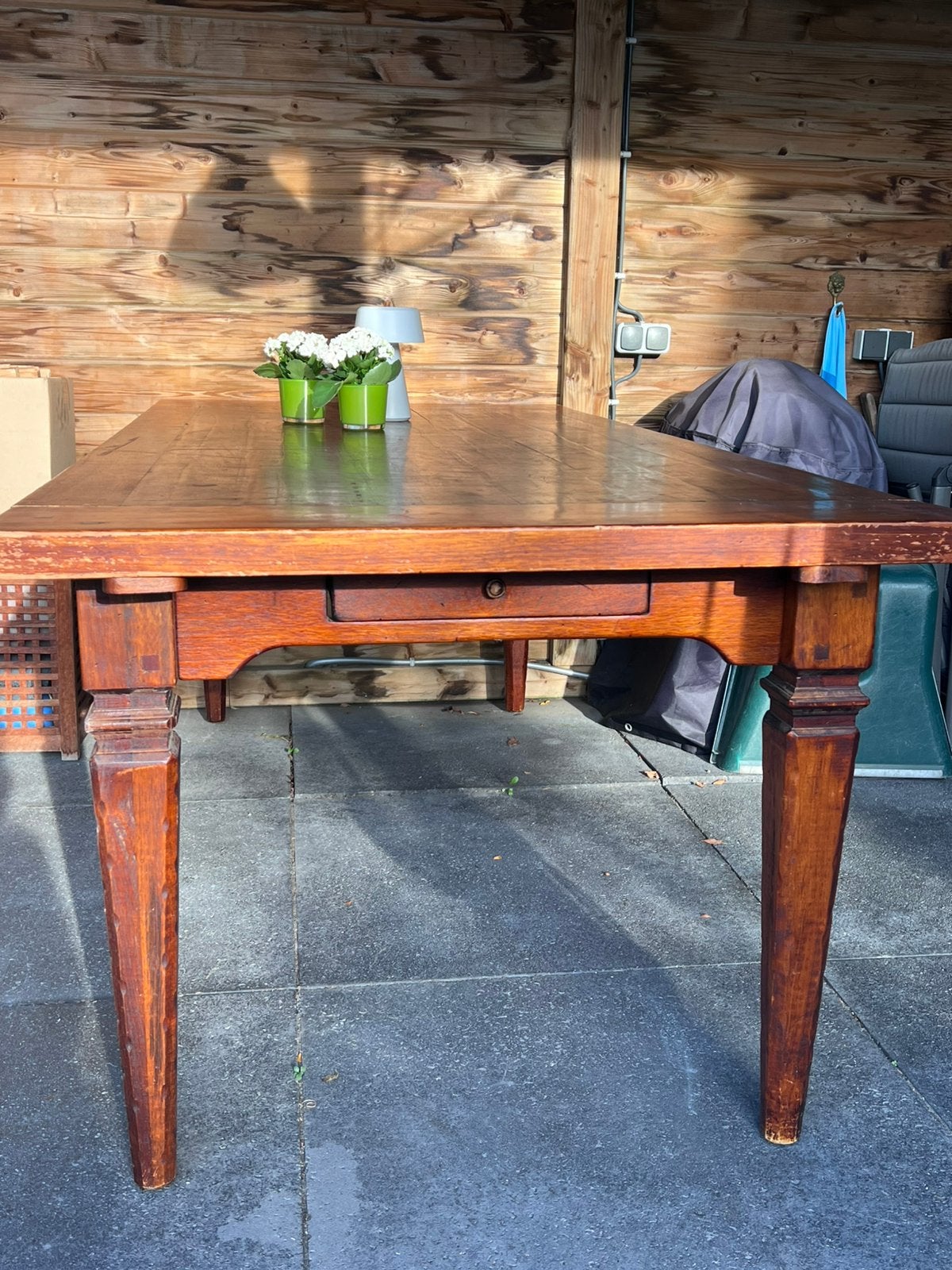 Massief Mahonie houten grote tafel, Ophalen, Gebruikt, 200 cm of meer, 50 tot 100 cm