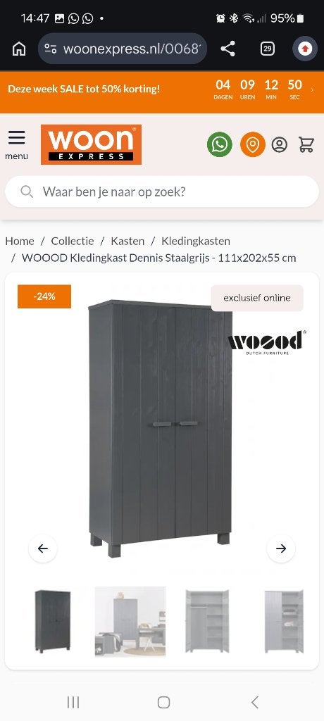 Kledingkast WOOOD Dennis, Ophalen, Met deur(en), Zo goed als nieuw, 50 tot 75 cm