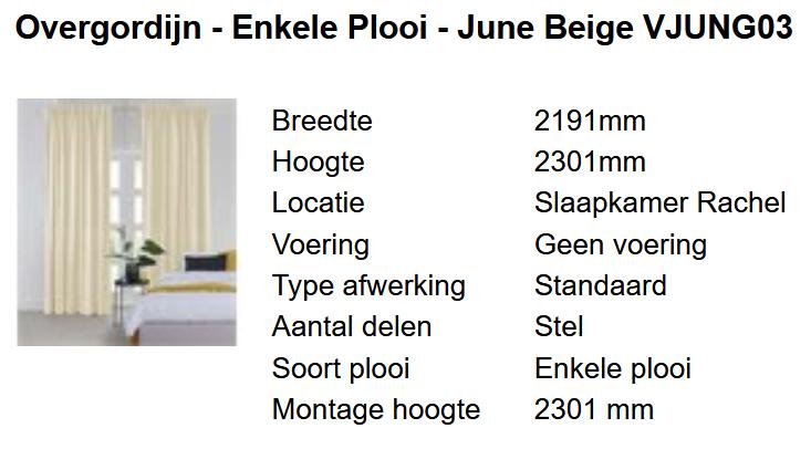 Veneta gordijnen (H:2,3m) June Beige enkele plooi + roede 2x, Huis en Inrichting, Ophalen, Zo goed als nieuw, Beige, 200 cm of meer