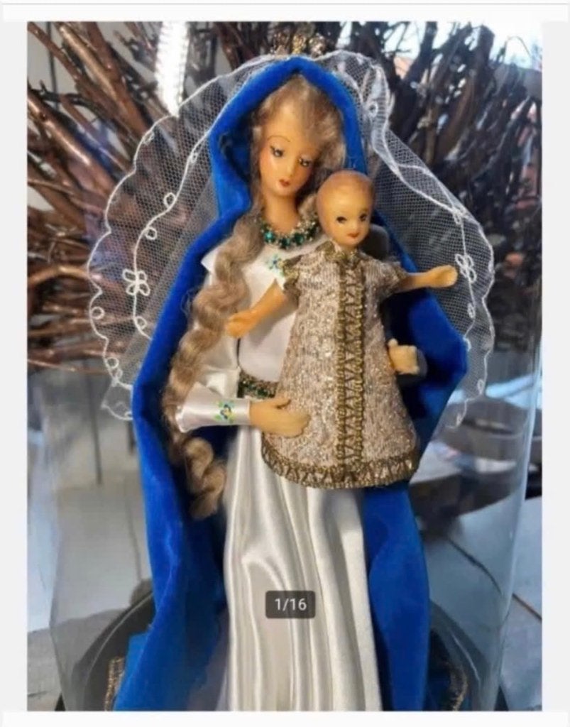 Mooie Madonna met Kind - Vintage Beeld -onder hoge stolp, Ophalen