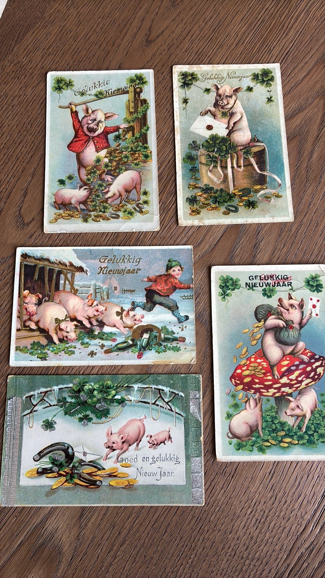 Nieuwjaar. 5 kaarten met afb. varkens,klaver,paddestoel,geld, Ophalen of Verzenden, Voor 1920, Gelopen, Feest(dag)