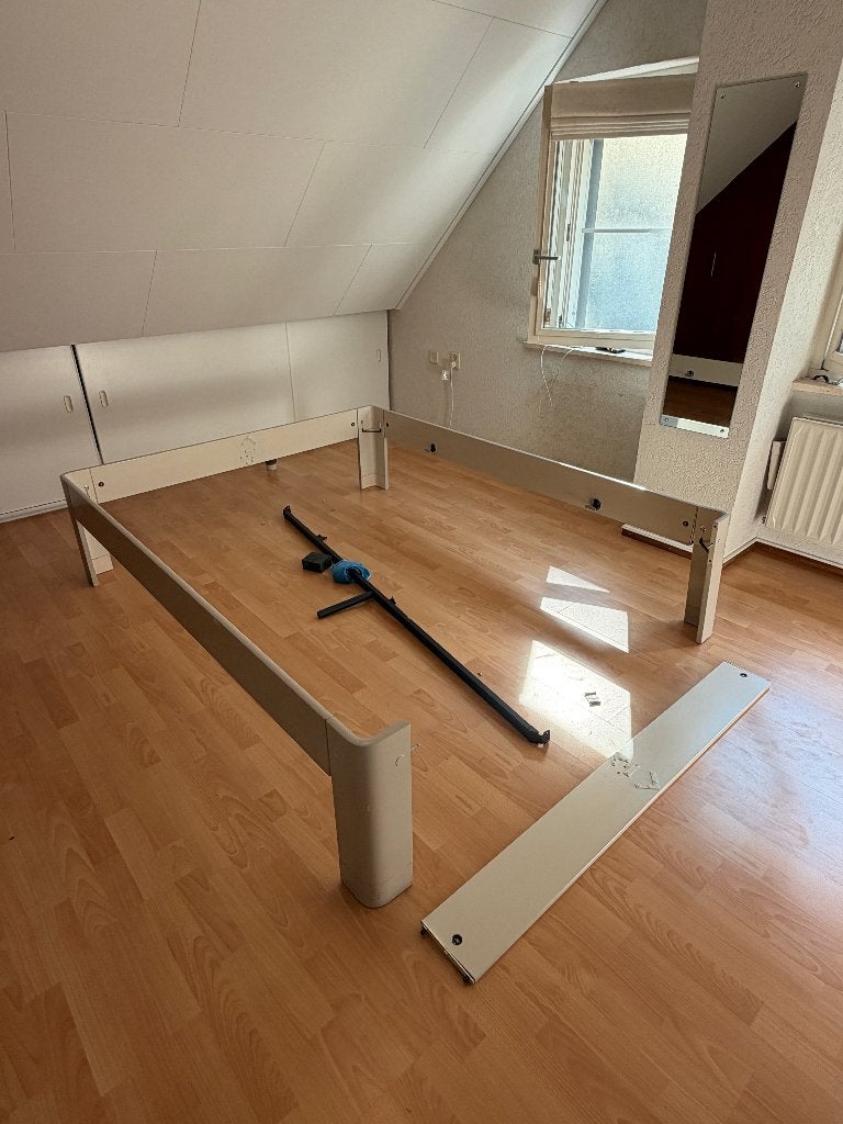 Auping 160x200 bedframe met 2x80 spiraalbodems, Ophalen, Gebruikt, Beige, Tweepersoons