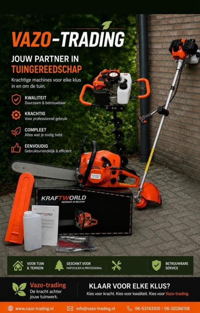 Nieuwe tuingereedschappen, bosmaaier, kettingzaag, grondboor, Ophalen, Nieuw, Benzine
