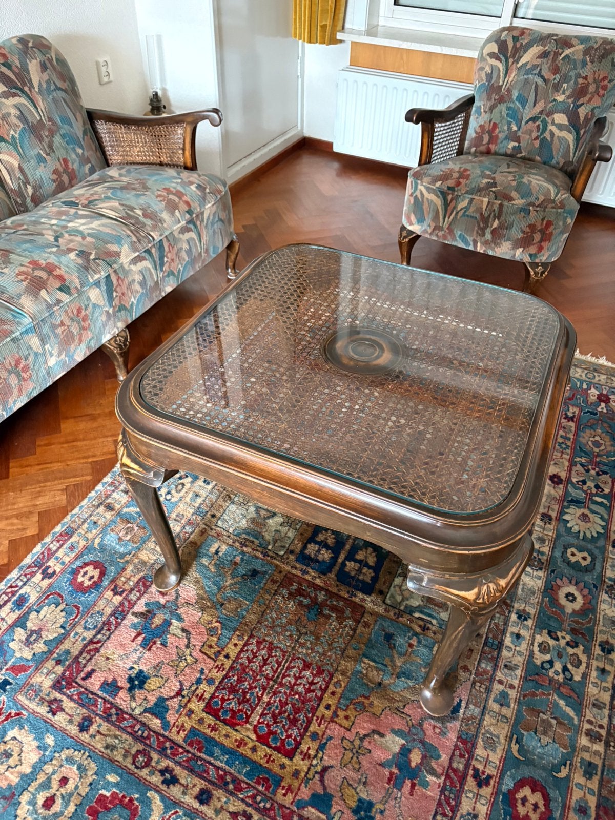 Vintage retro 3 zits bank met 2 fauteuils en salontafel, Ophalen, Zo goed als nieuw, Stof, Vintage retro