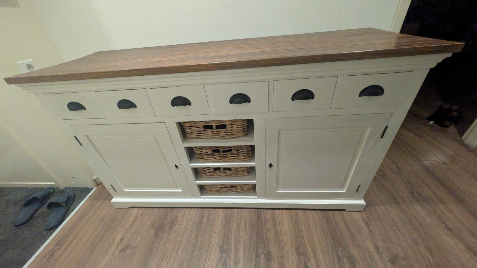 Landelijk dressoir met manden en lades, Ophalen, Met lade(s), 150 tot 200 cm, 25 tot 50 cm