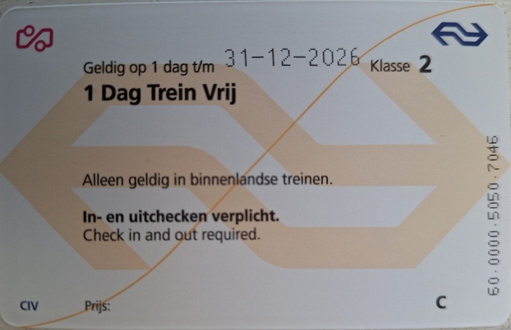 NS Dagkaart geldig tot 31.12.2026, Eén persoon, Trein, Nederland, Algemeen kaartje