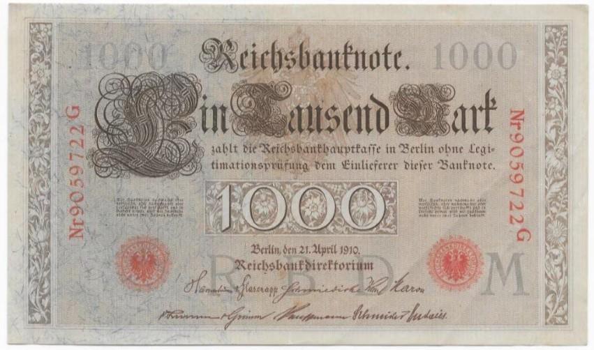 1000 Mark 1910 Reichsbanknote; two red seals 22G, Verzenden, Duitsland, Los biljet