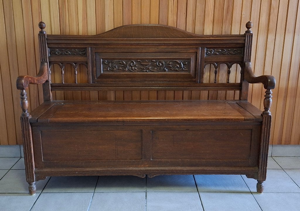 Vintage Halbankje eiken met opslagruimte, Ophalen