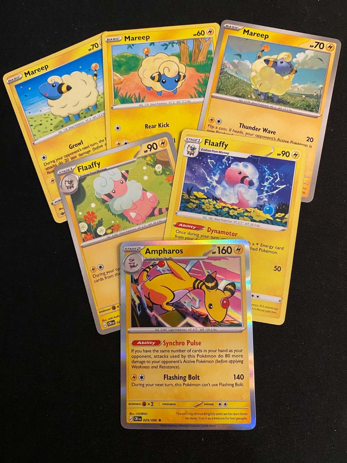 Pokémon Kaarten: Mareep, Flaaffy, Ampharos Evolutie Set, Ophalen of Verzenden, Zo goed als nieuw, Meerdere kaarten
