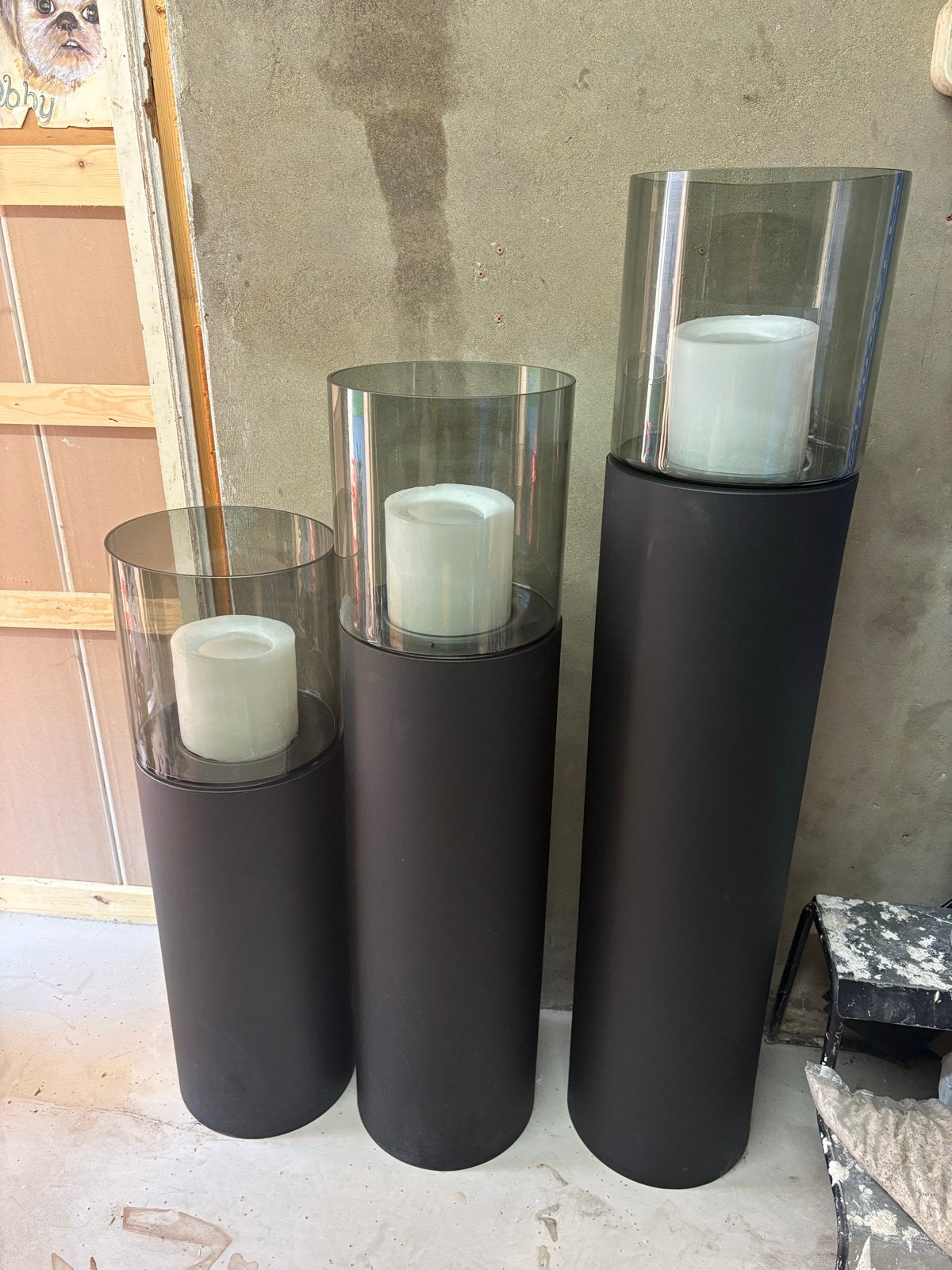 Set van 3 zwarte windlichten met glazen cilinder, Ophalen, Windlicht, Gebruikt, Zwart