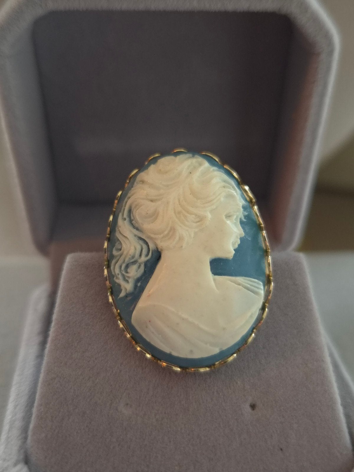 Vintage Camee Broche - Elegante Damesfiguur 3.5x2.5cm, Overige materialen, Gebruikt, Blauw, Minder dan 4 cm